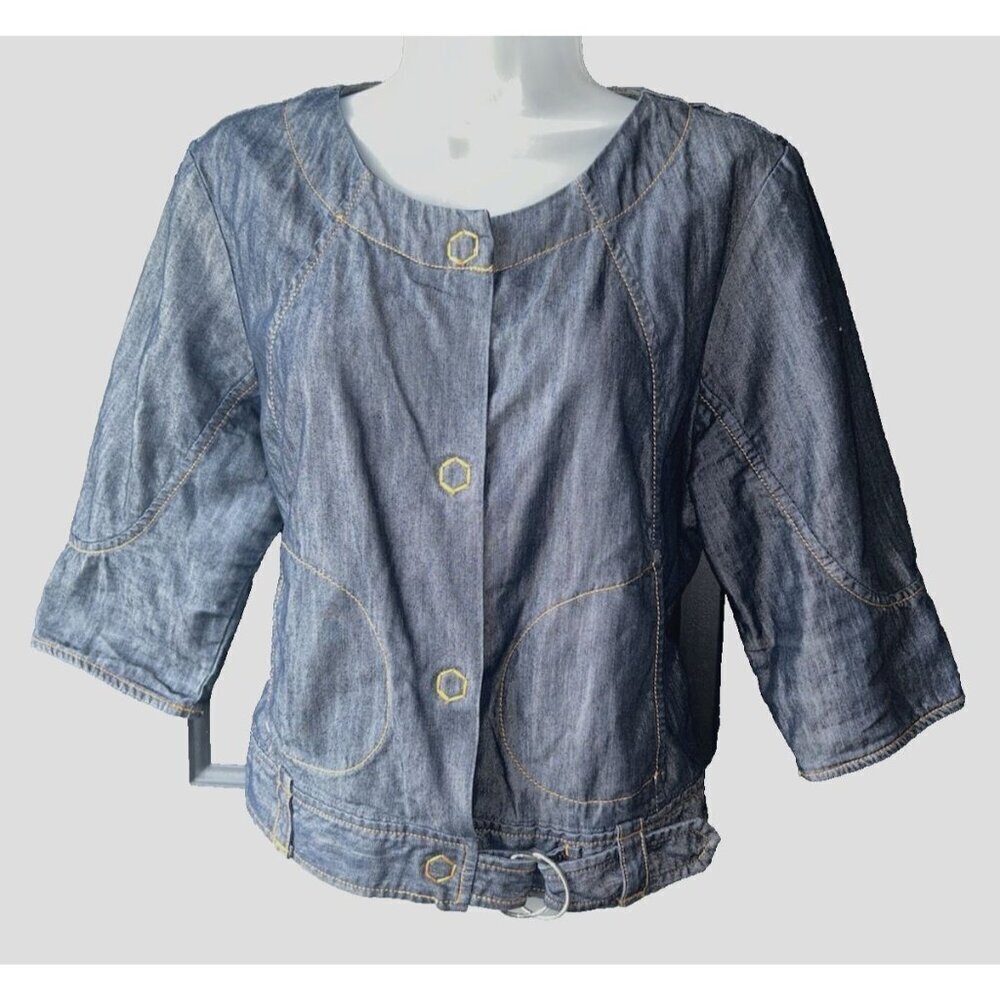 Apostrophe Denim Jacket Snap Front Belted Bottom 3/4 Sleeve Women's Size 10